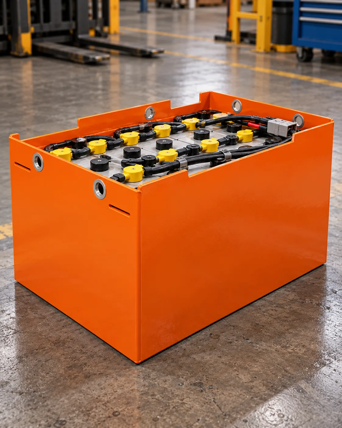 Bateria tracionária de chumbo em caixa laranja no ambiente industrial