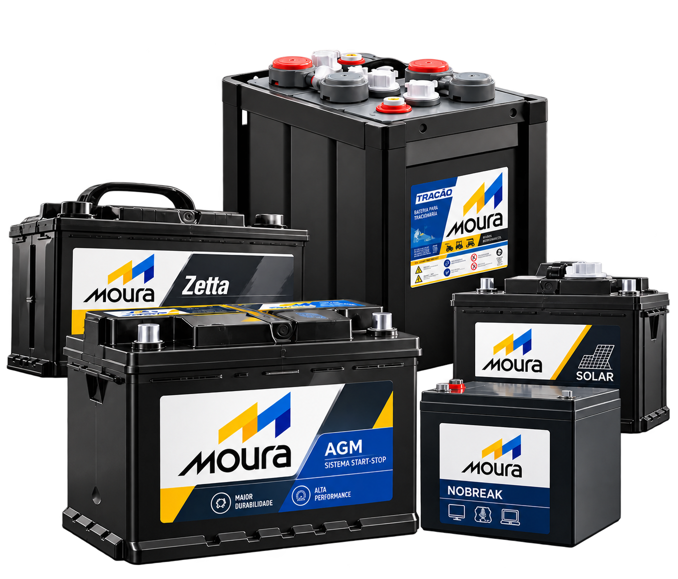 Composição de baterias Moura para aplicações tracionárias, automotivas, solares, AGM e nobreak
