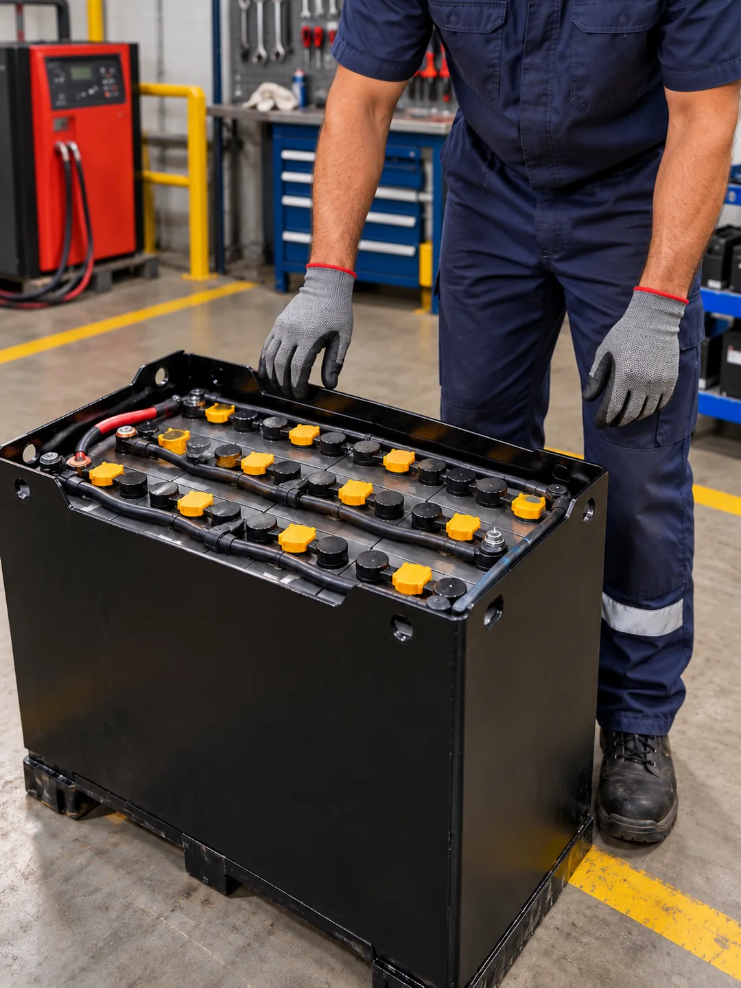 Técnico inspecionando uma bateria industrial
